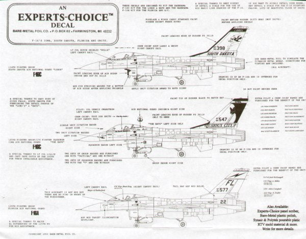 Experts Choice EC4835 1:48 F-16A/C Iowa & South Dakota ANG Decals