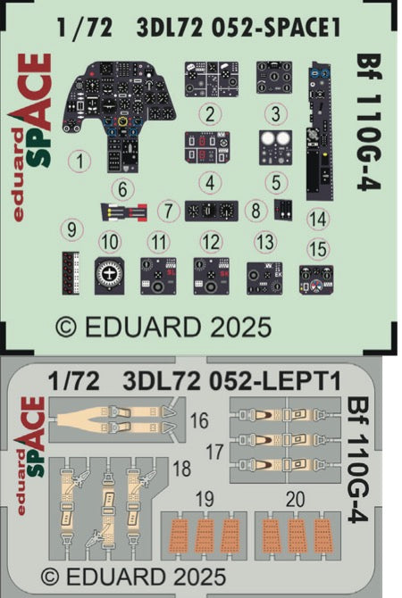 Eduard ED3DL72052 1:72 Messerschmitt Bf-110G-4 SPACE seatbelts and instruments