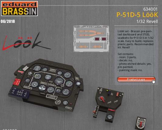 Eduard Brassin ED634001 1:32 P-51D-5 Mustang LooK Panel & Belts