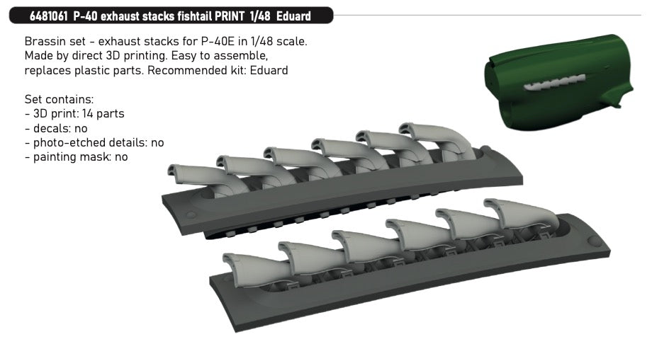 Eduard Brassin ED6481061 Curtiss P-40E exhaust stacks fishtail 3D-Printed 1:48