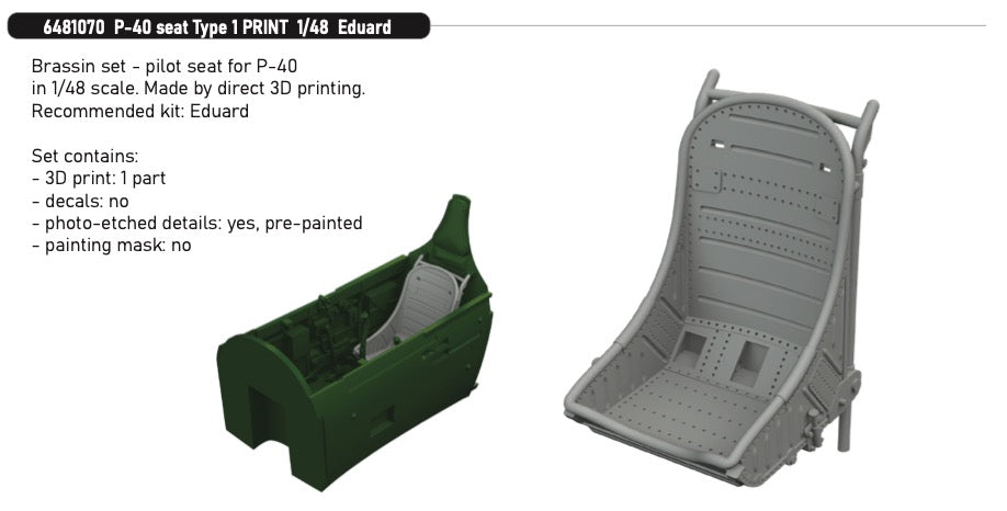 Eduard Brassin ED6481070 1:48 Curtiss P-40M/P-40N Warhawk seat Type 1