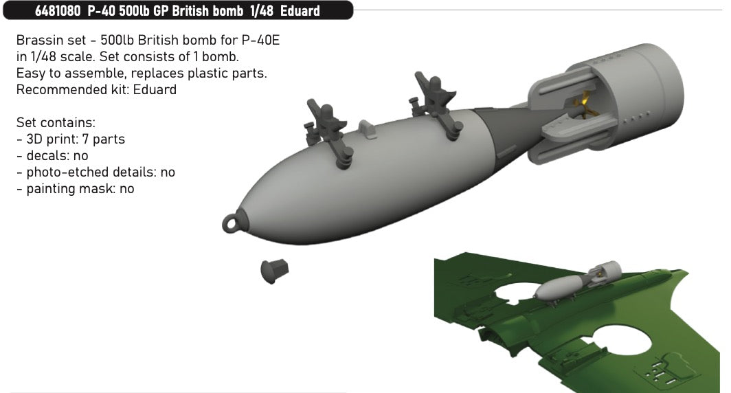 Eduard Brassin ED6481080 1:48 Curtiss P-40E Warhawk 500lb GP British bomb 3D
