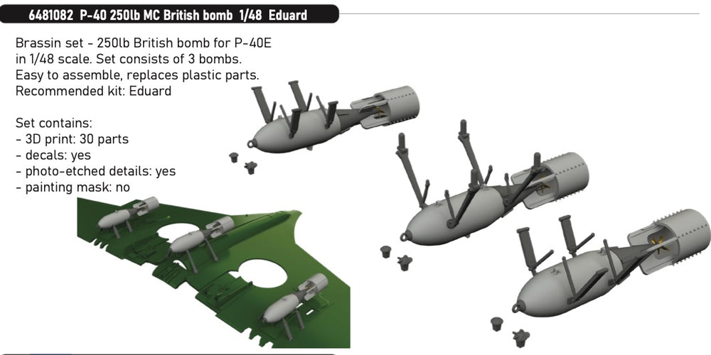 Eduard Brassin ED6481082 1:48 Curtiss P-40E Warhawk 250lb MC British bombs 3D
