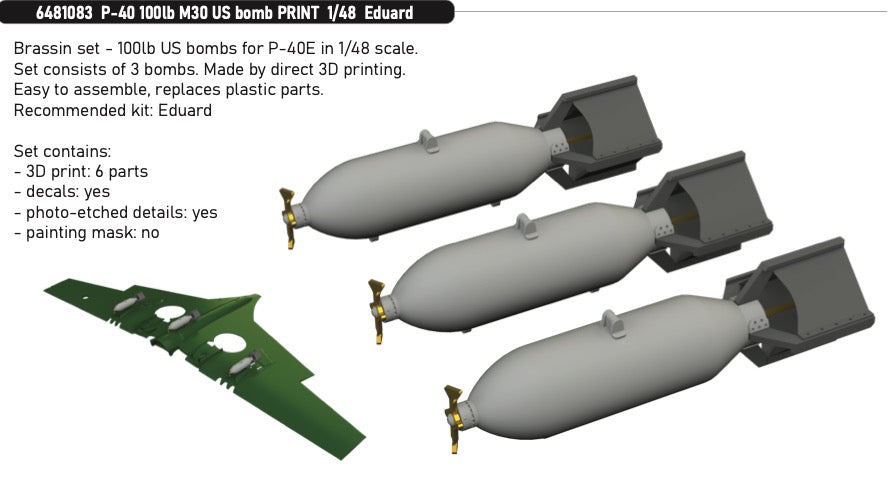 Eduard Brassin ED6481083 P-40E Warhawk 100lb M30 US Bombs 3D-Print 1:48