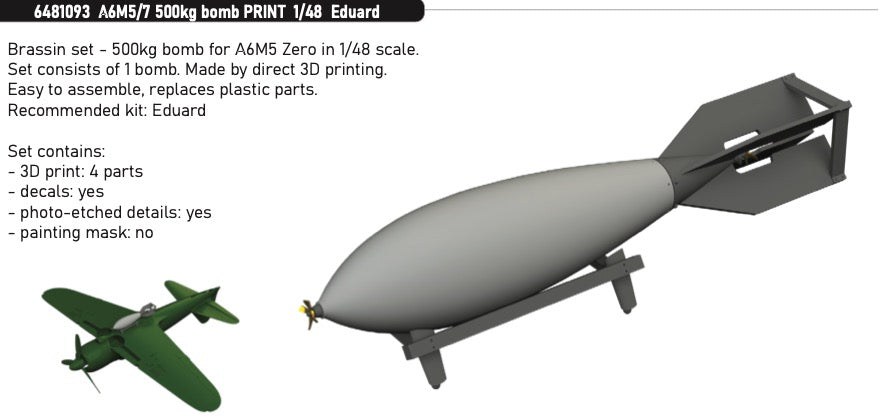 Eduard Brassin ED6481093 Mitsubishi A6M5/A6M7 Zero 500kg bomb 3D-Printed 1:48