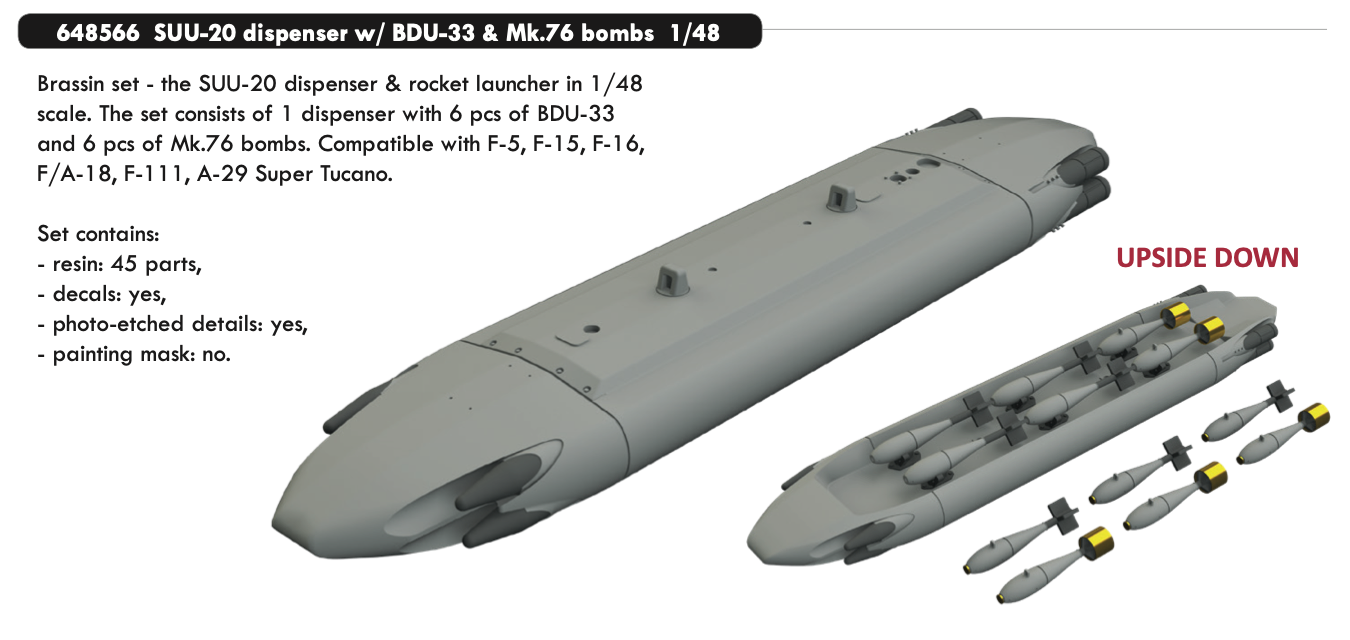 Eduard Brassin ED648566 1:48 SUU-20 dispenser with BDU-33 & Mk.76 bombs
