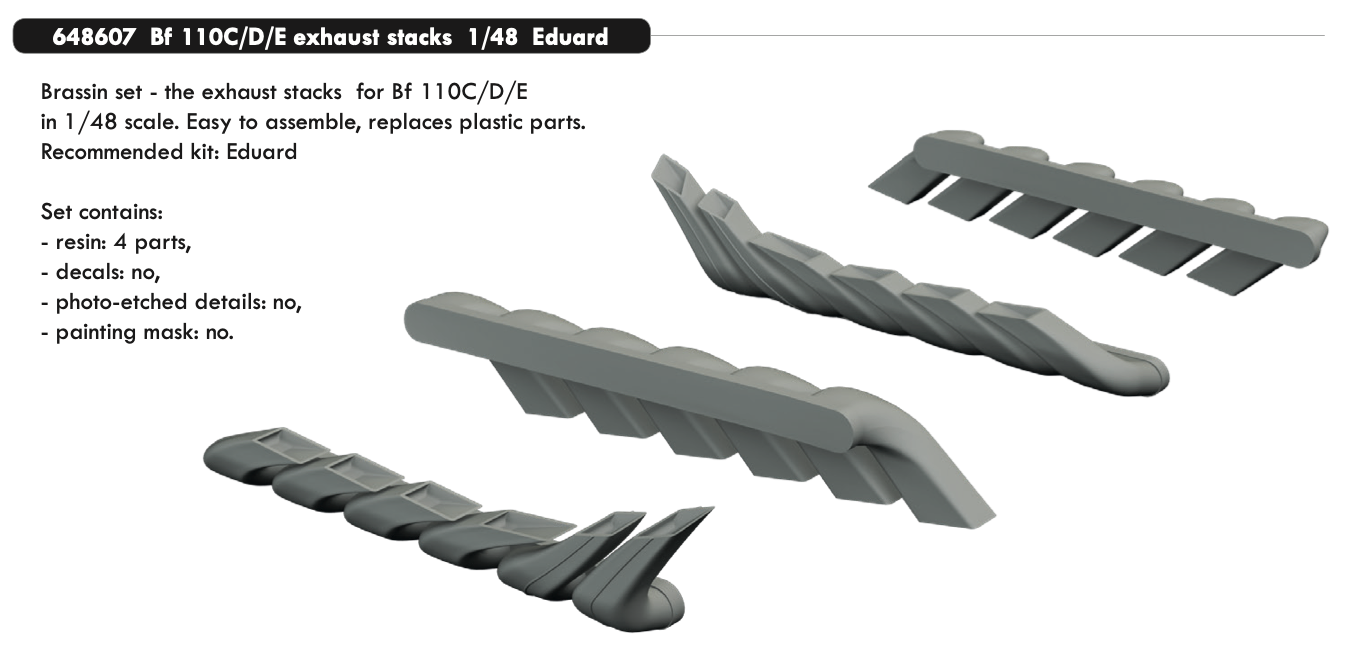 Eduard Brassin ED648607 1:48 Messerschmitt Bf-110C/Bf-110D/Bf-110E exhaust stack