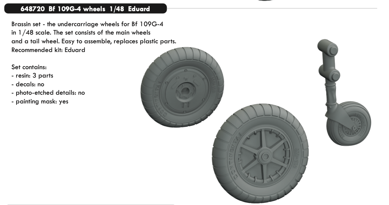Eduard Brassin ED648720 1:48 Messerschmitt Bf-109G-4 wheels with Wtd tyre effect