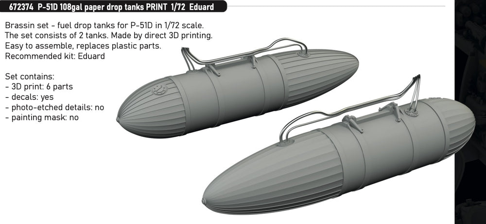 Eduard Brassin ED672374 1:72 P-51D Mustang 108gal paper drop tanks