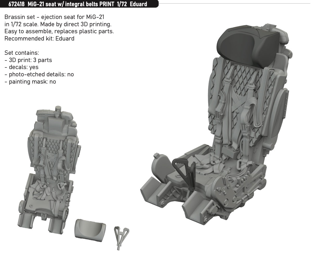 Eduard Brassin ED672418 Mikoyan MiG-21 seat with integral belts 3D-Printed 1:72