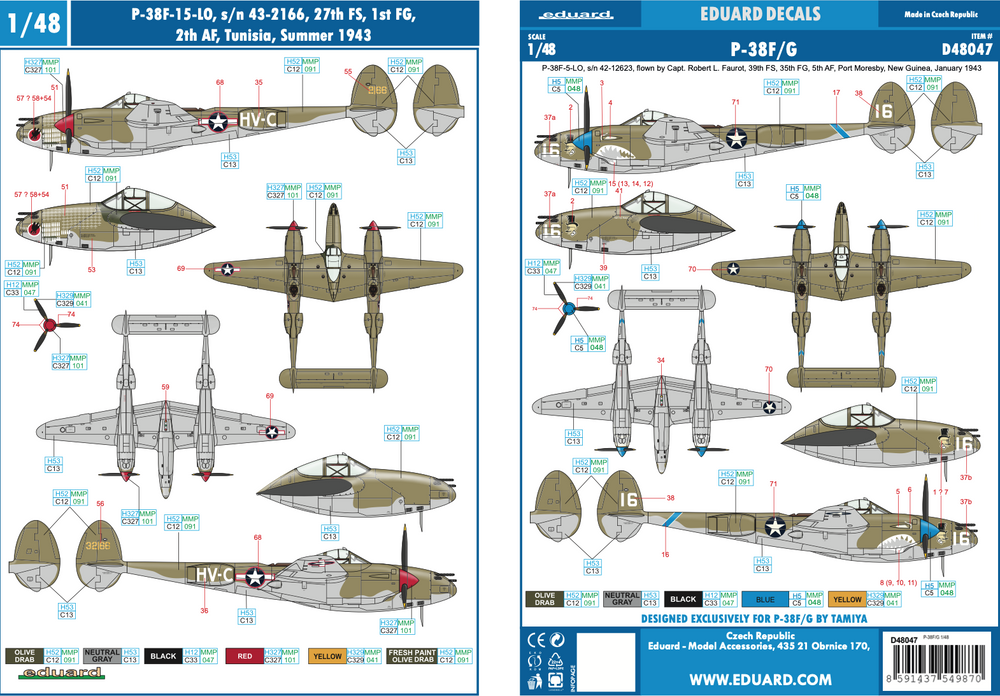 Eduard EDD48047 1:48 Lockheed P-38F/G Lightning x 5 aircraft
