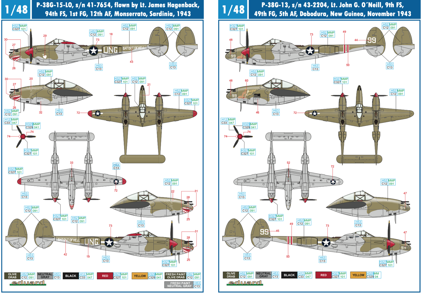 Eduard EDD48047 1:48 Lockheed P-38F/G Lightning x 5 aircraft