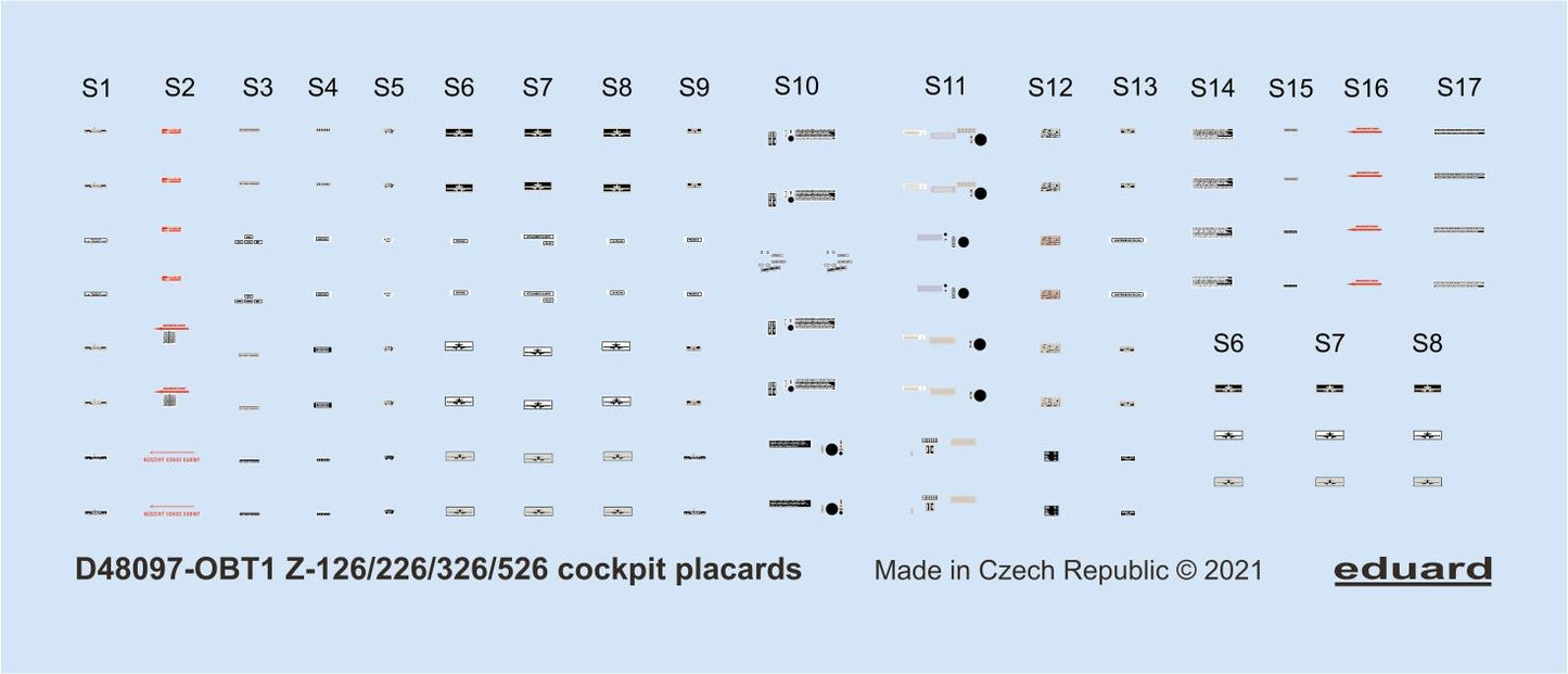 Eduard EDD48097 1:48 Zlin Z-126/Z-226/Z-326/Z-526 cockpit placards