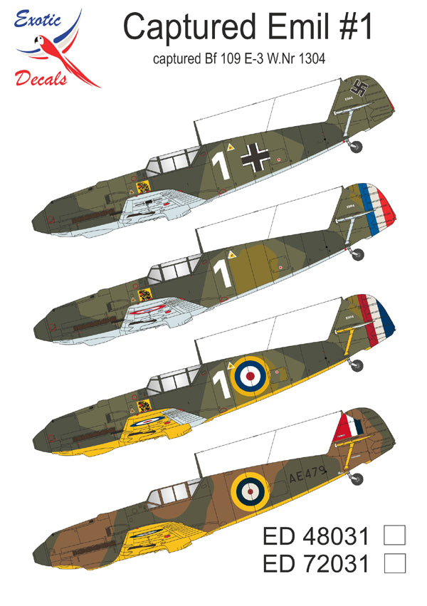 Exotic Decals EED48031 Captured Bf-109E-3 W.Nr 1304 1:48