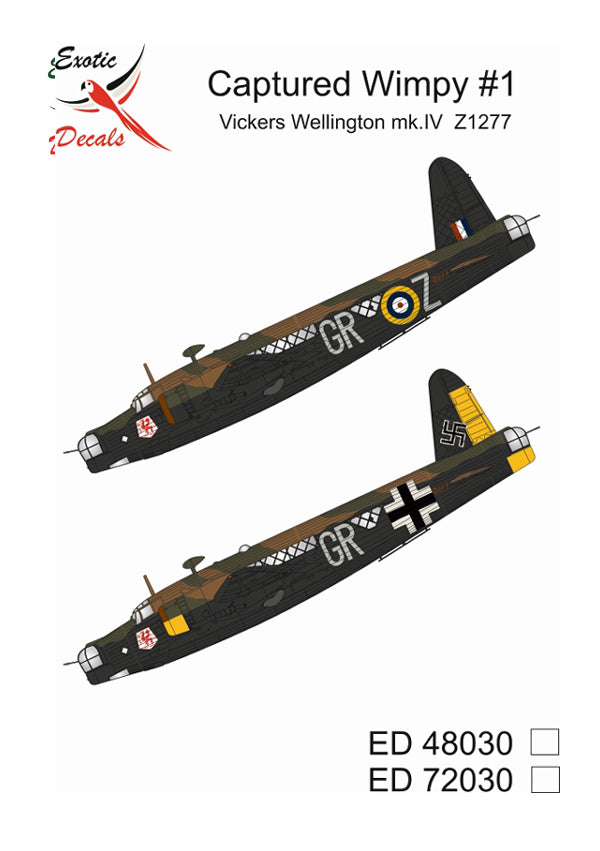 Exotic Decals EED72030 1:72 Captured Wimpy #1-Vickers Wellington Mk.IV Z1277