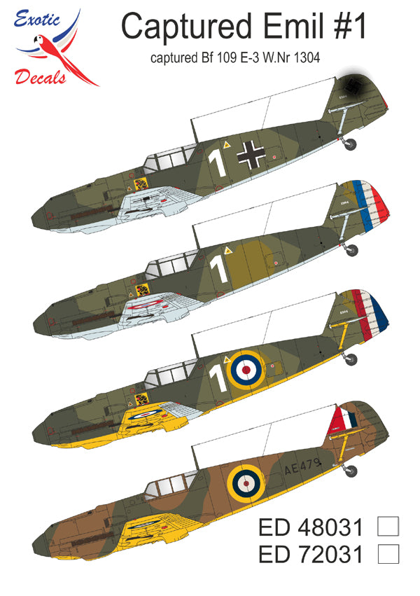 Exotic Decals EED72031 Captured Bf-109E-3 W.Nr 1304 1:72