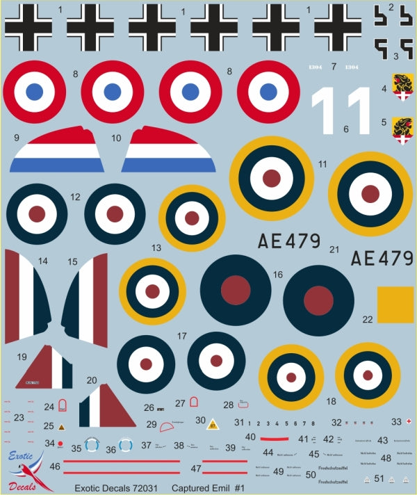 Exotic Decals EED72031 Captured Bf-109E-3 W.Nr 1304 1:72
