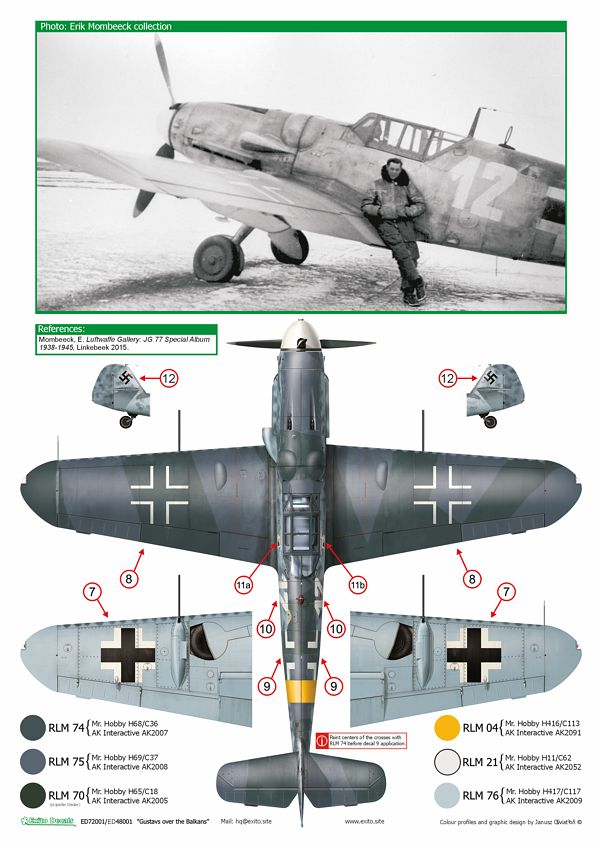 Exito Decals EXED48001 1:48 Messerschmitt Bf-109G-6, 'White 12', flown by Uffz