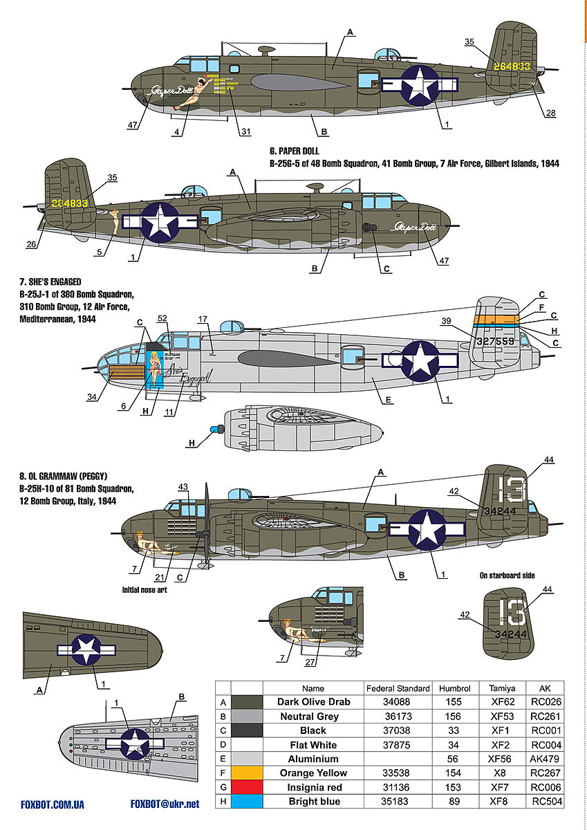 Foxbot Decals FBOT144006 1:144 North-American B-25G/B-25J/B-25H Mitchell