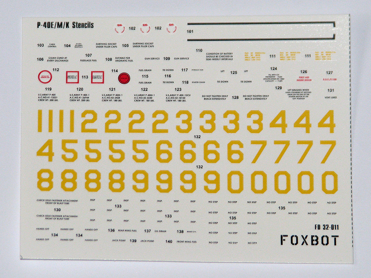 Foxbot Decals FBOT32011 1:32 Stencils for Curtiss P-40E/P-40M/P-40K