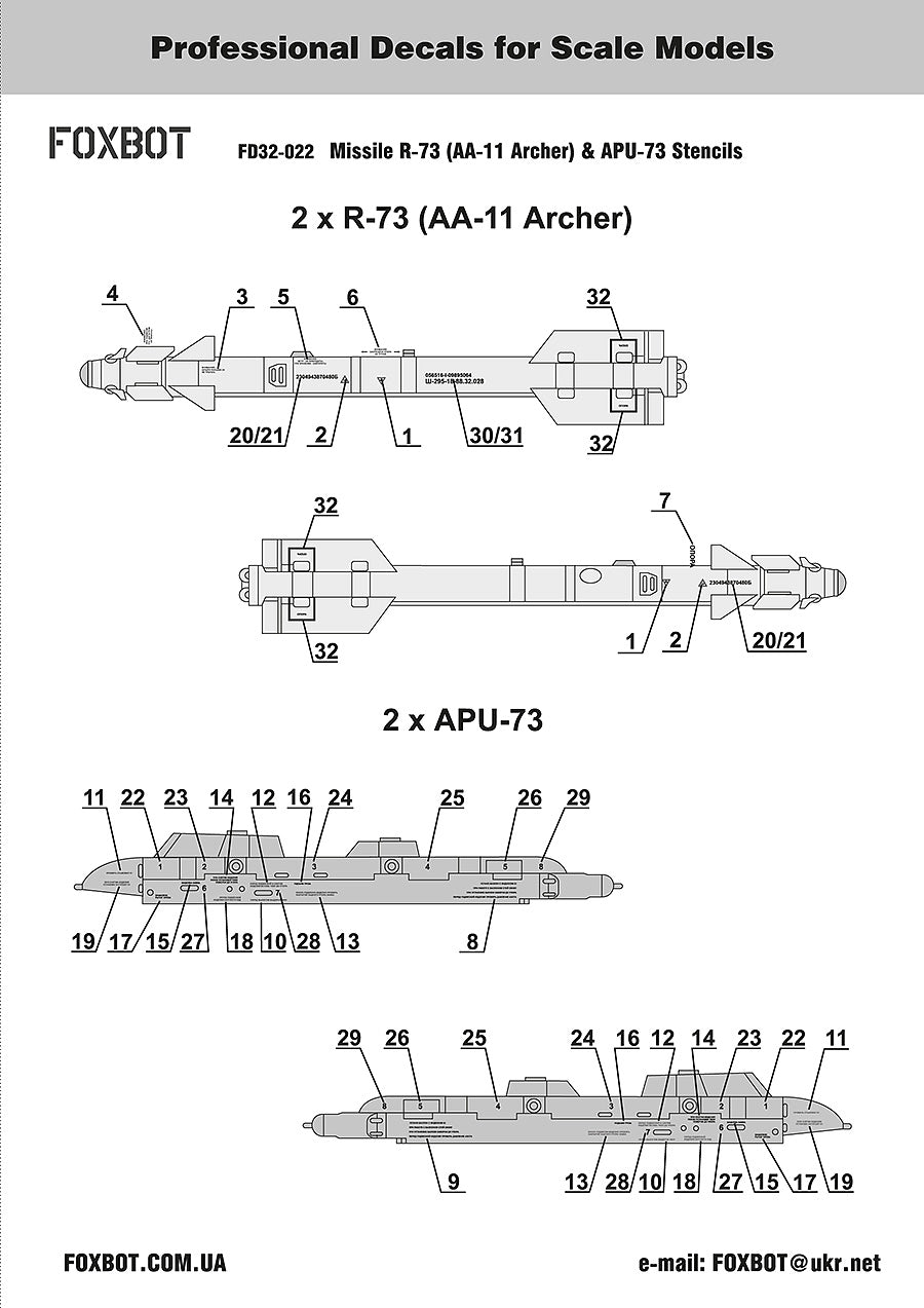 Foxbot Decals FBOT32022 1:32 Stencils for Missile R-73