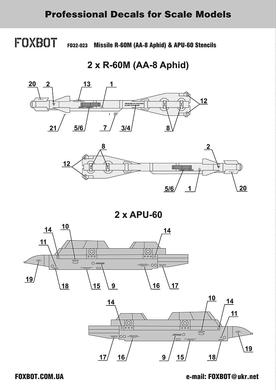 Foxbot Decals FBOT32023 1:32 Stencils for Missile R-60M