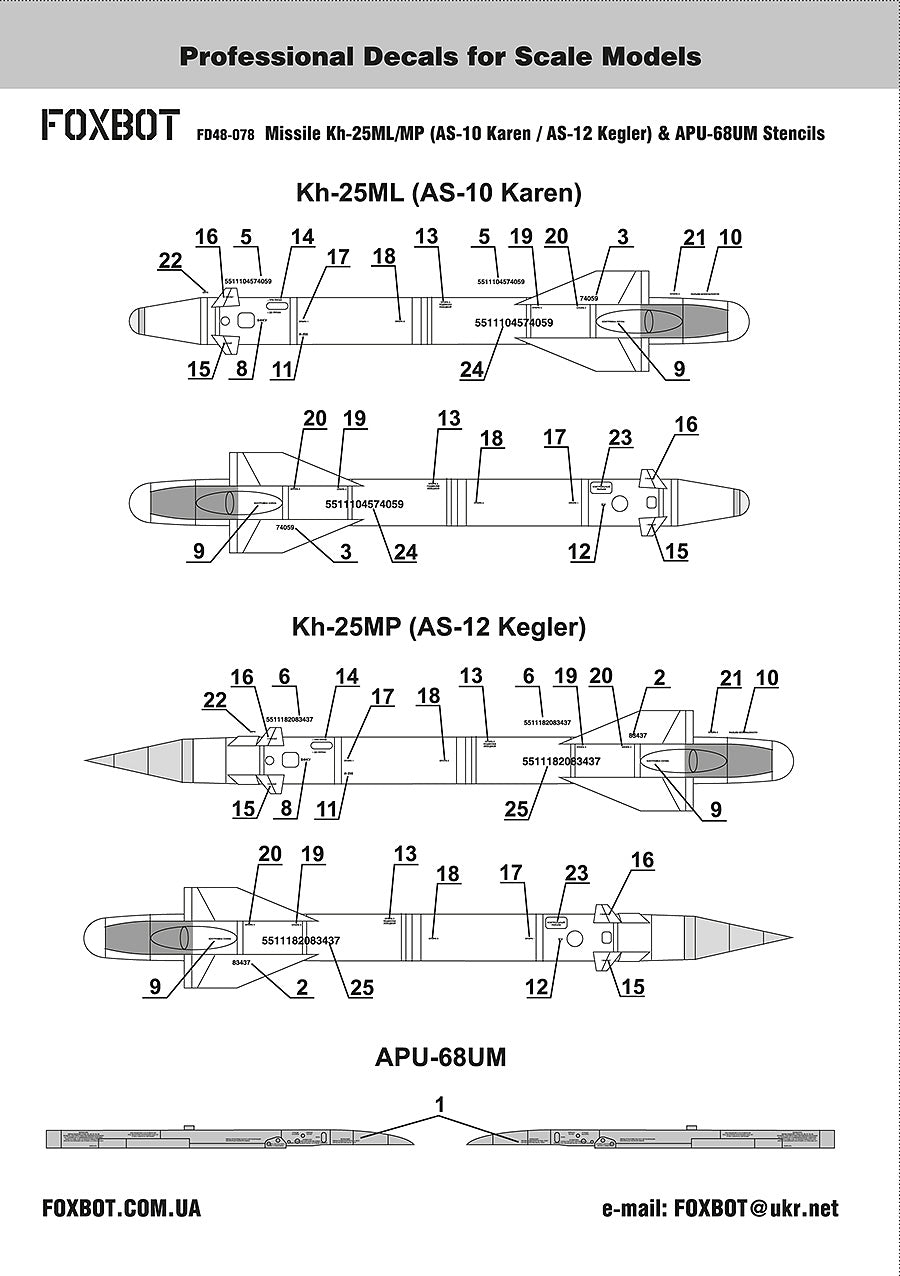 Foxbot Decals FBOT48078 1:48 Stencils for Missile Kh-25ML/MP