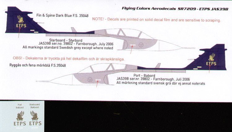 Flying Colors Aero FCASR709 1:72 Saab JAS-39B Gripen Gold ETPS lettering only