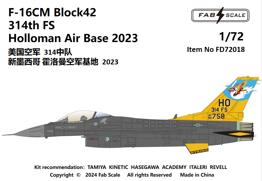FabScale FD72018 F-16CM Block 42 314th FS Holloman 2023 1:72