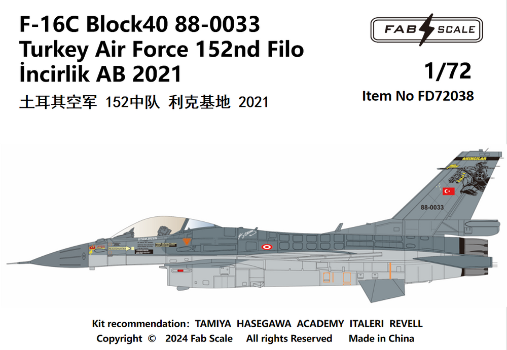 FabScale FD72038 F-16C Block 40 Turkey AF 152nd Filo 2021 1:72