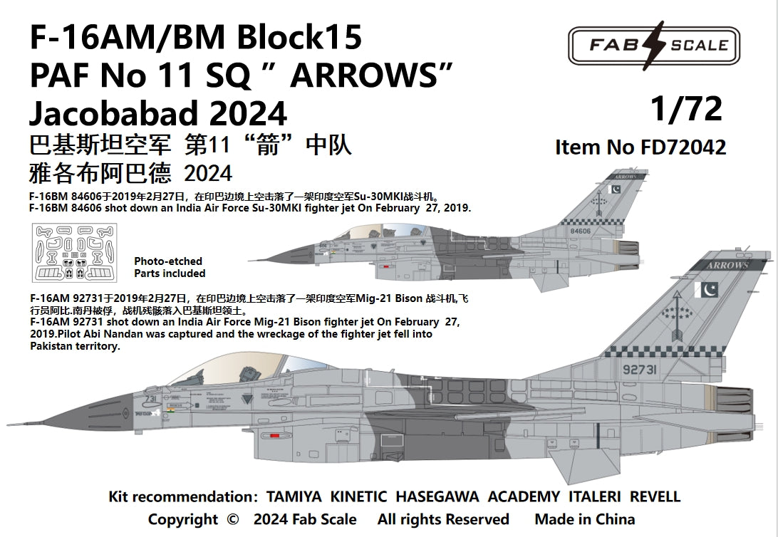 FabScale FD72042 F-16AM/BM Pakistan AF Arrows MiG Killer 2024 1:72