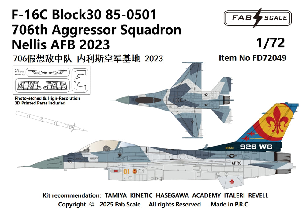 FabScale FD72049 F-16C Block 30 706th Aggressor 2023 (PE/3D) 1:72