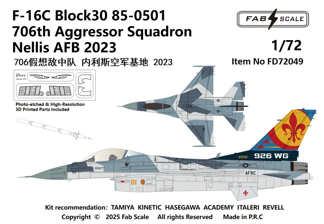 FabScale FD72049 F-16C Block 30 706th Aggressor 2023 (PE/3D) 1:72