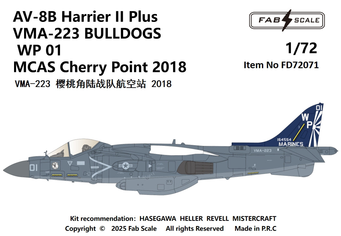 FabScale FD72071 AV-8B Harrier II+ VMA-223 Bulldogs 2018 1:72