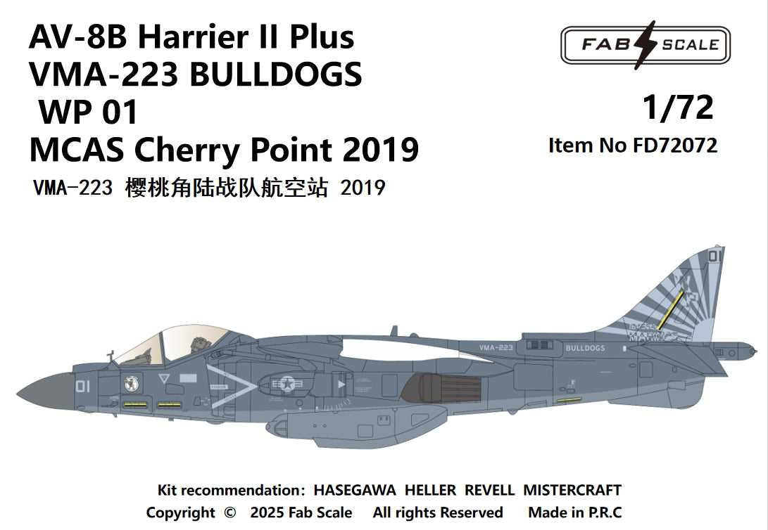 FabScale FD72072 AV-8B Harrier II+ VMA-223 Bulldogs 2019 1:72