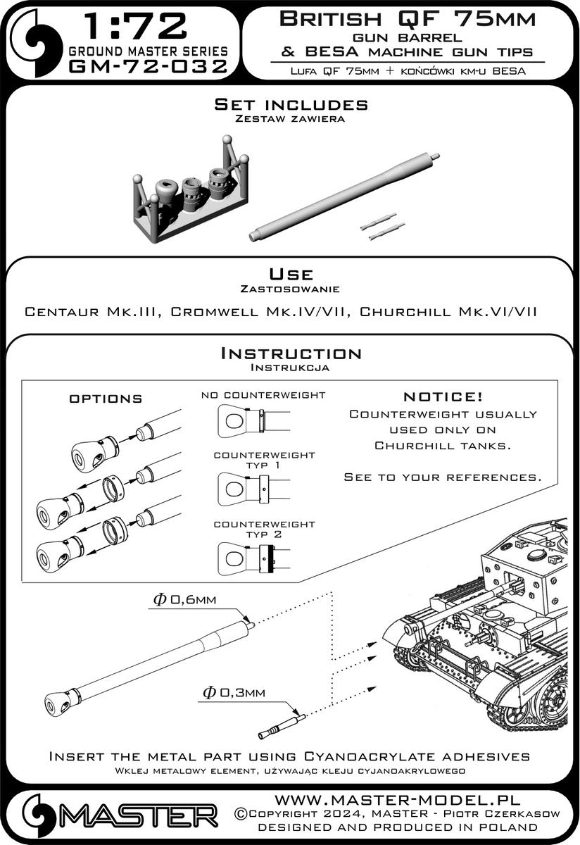 Master GM-72-032 1:72 British QF 75mm gun barrel + Besa MG tips