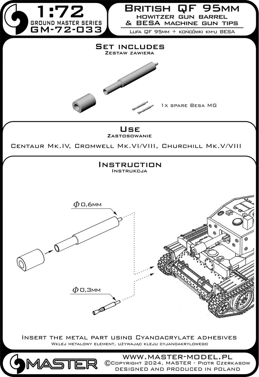 Master GM-72-033 1:72 British QF 95mm howitzer gun barrel + Besa MG tips