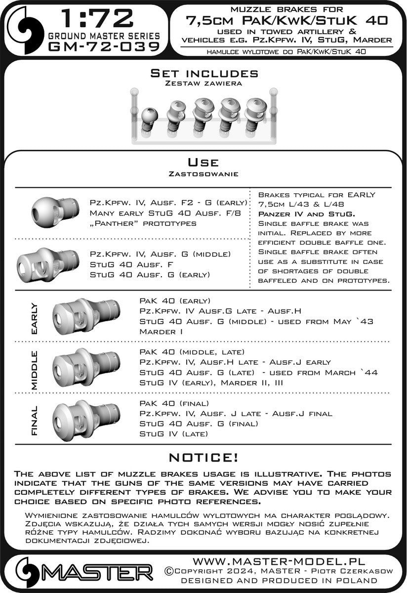 Master GM-72-039 1:72 Muzzle brakes for 7,5cm PaK/KwK/StuK 40