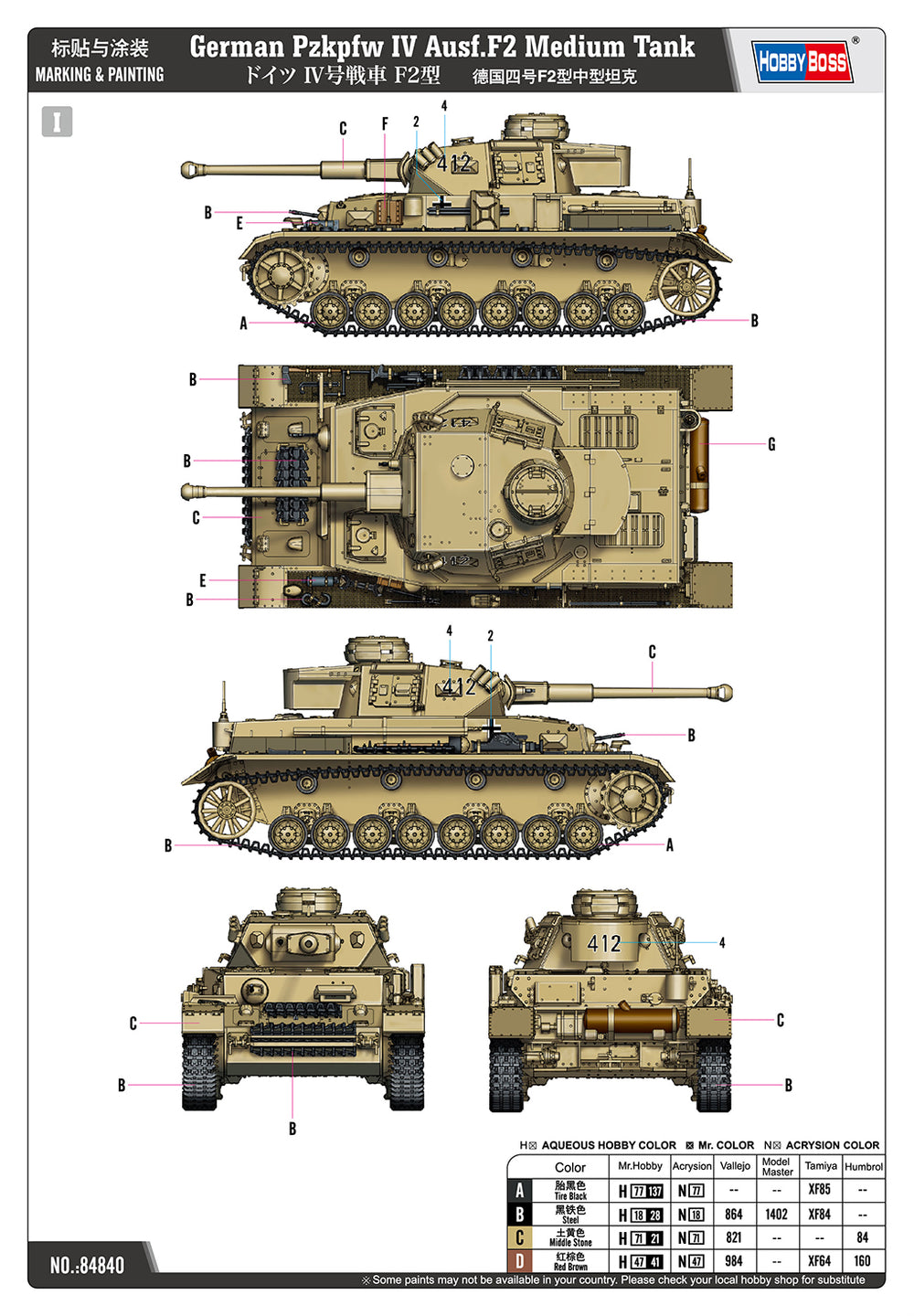 Hobby Boss HB84840 1:48 Pz.kpfw.IV Ausf.F2 Medium Tank The Panzerkampfwagen IV