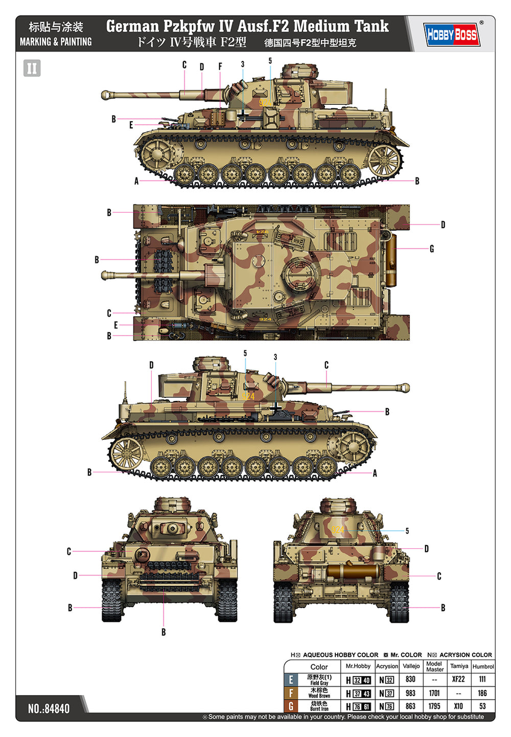 Hobby Boss HB84840 1:48 Pz.kpfw.IV Ausf.F2 Medium Tank The Panzerkampfwagen IV