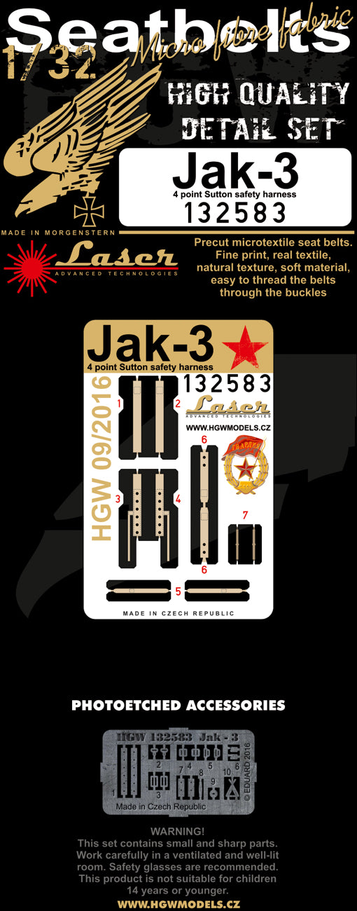 HGW HGW132583 1:32 Yakovlev Yak-3 seatbelts pre-cut