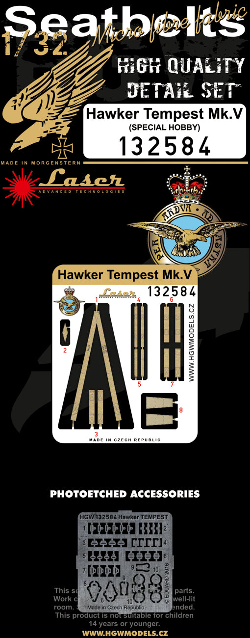 HGW HGW132584 1:32 Hawker Tempest Mk.V seatbelts pre-cut