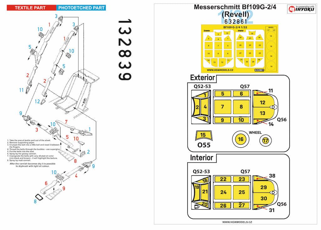 HGW HGW132839 1:48 Messerschmitt Bf-109G-2/4 BASIC LINE: seatbelts + masks