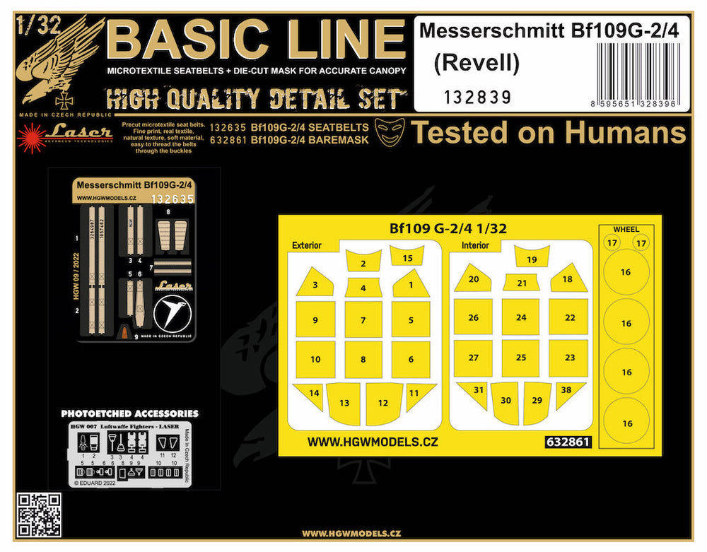 HGW HGW132839 1:48 Messerschmitt Bf-109G-2/4 BASIC LINE: seatbelts + masks