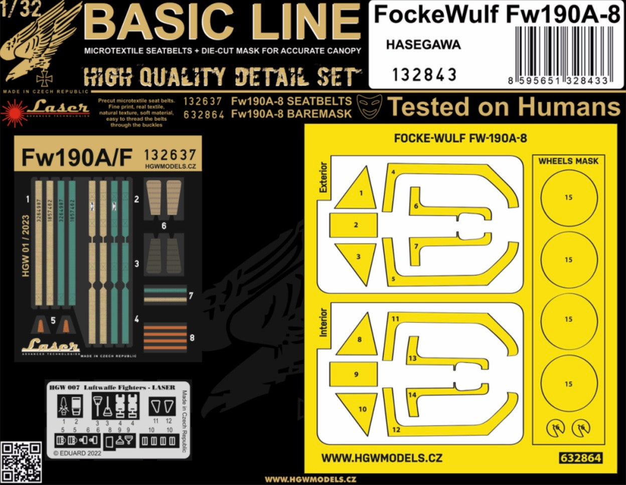 HGW HGW132843 1:32 Focke-Wulf Fw-190A/F-8 BASIC LINE: seatbelts + masks