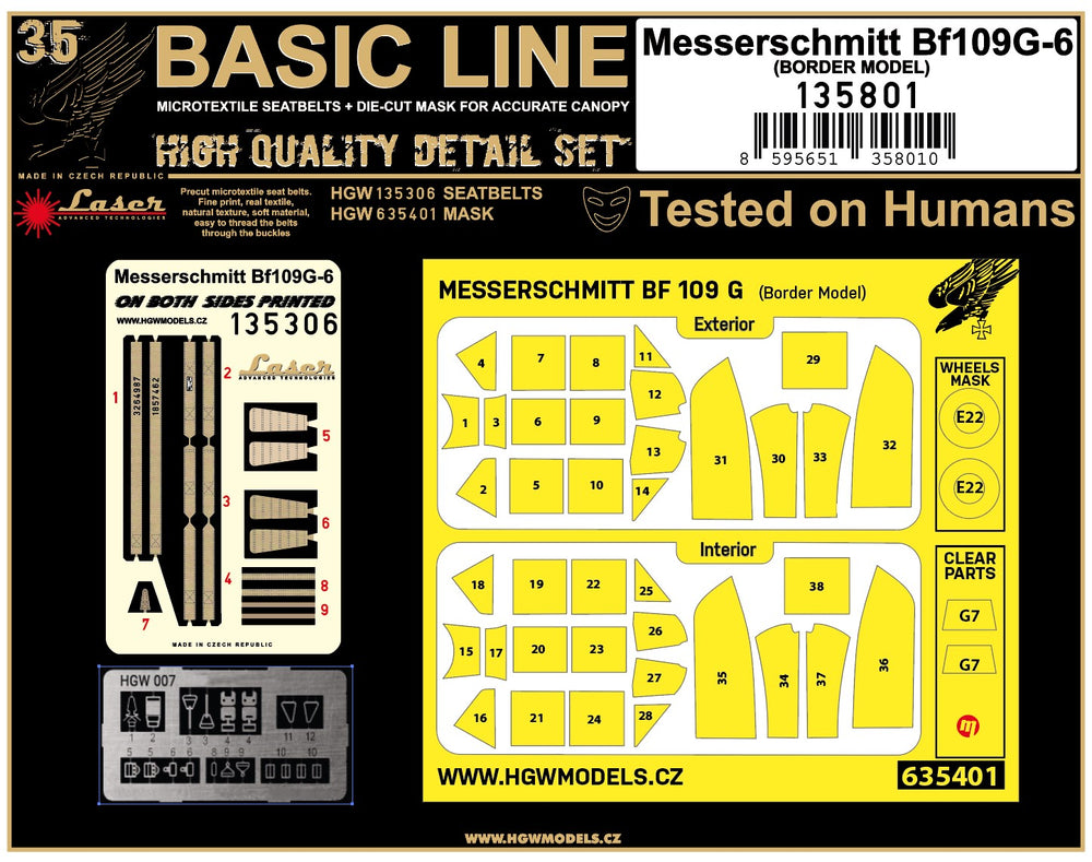 HGW HGW135801 1:35 Messerschmitt Bf-109G-6 BASIC LINE: seatbelts + masks