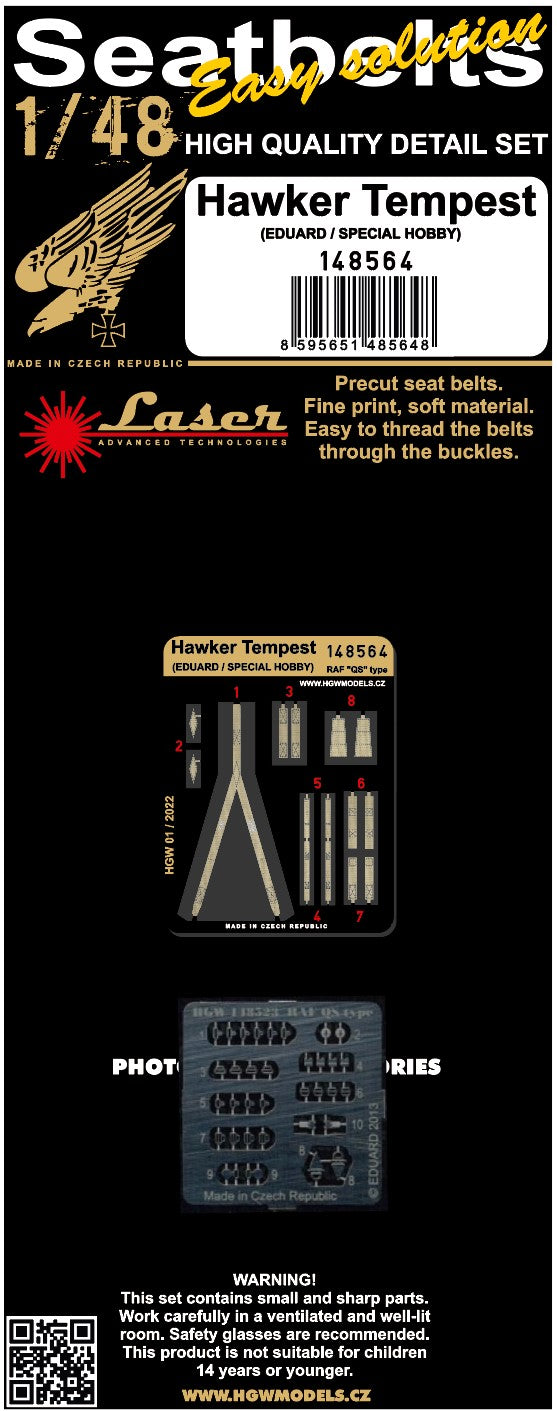 HGW HGW148564 1:48 Hawker Tempest pre-cut Seatbelts