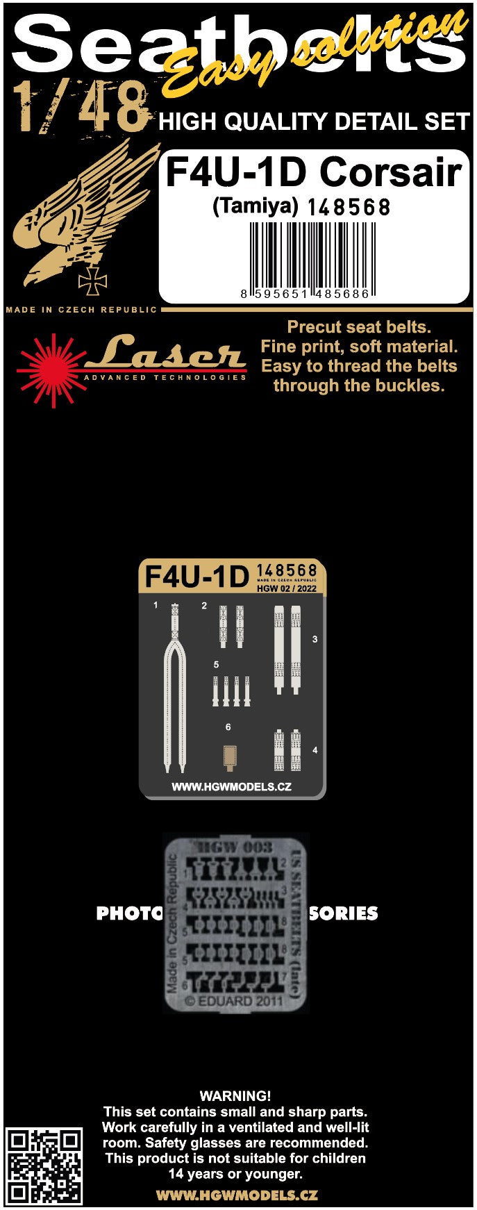 HGW HGW148568 1:48 Vought F4U-1D Corsair pre-cut Seatbelts