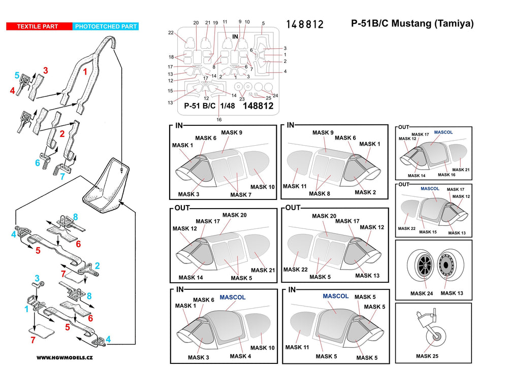 HGW HGW148812 1:48 P-51B/P-51C Mustang BASIC LINE: seatbelts + masks