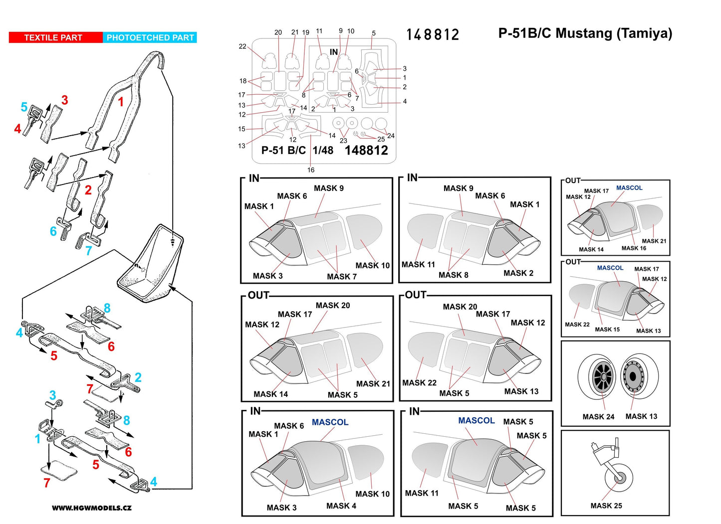HGW HGW148812 1:48 P-51B/P-51C Mustang BASIC LINE: seatbelts + masks